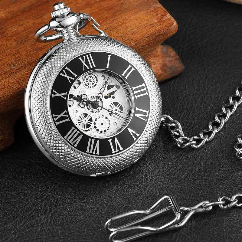 Pocketwatch Silver  Roman Numerals Antique Hand Wind Mechanical Pocket Watch Skeleton Steampunk Unique Gear Men Women