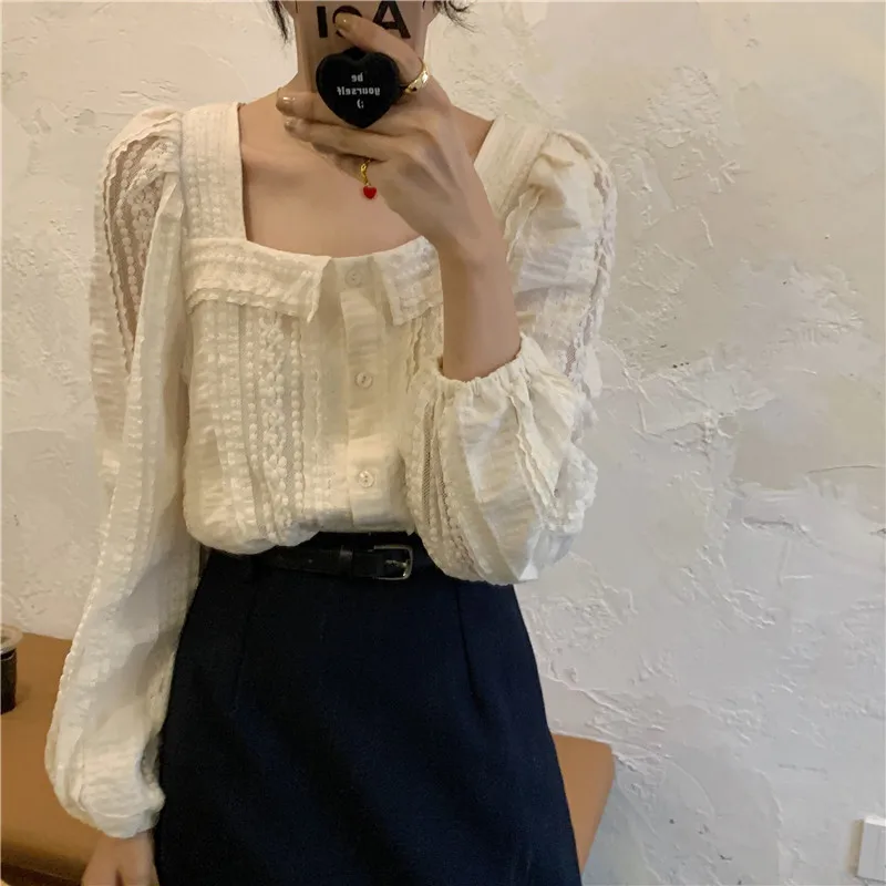 

Женские топы и блузки с длинным рукавом, свободные однотонные винтажные блузки в Корейском стиле с квадратным вырезом, Осень-зима 2020