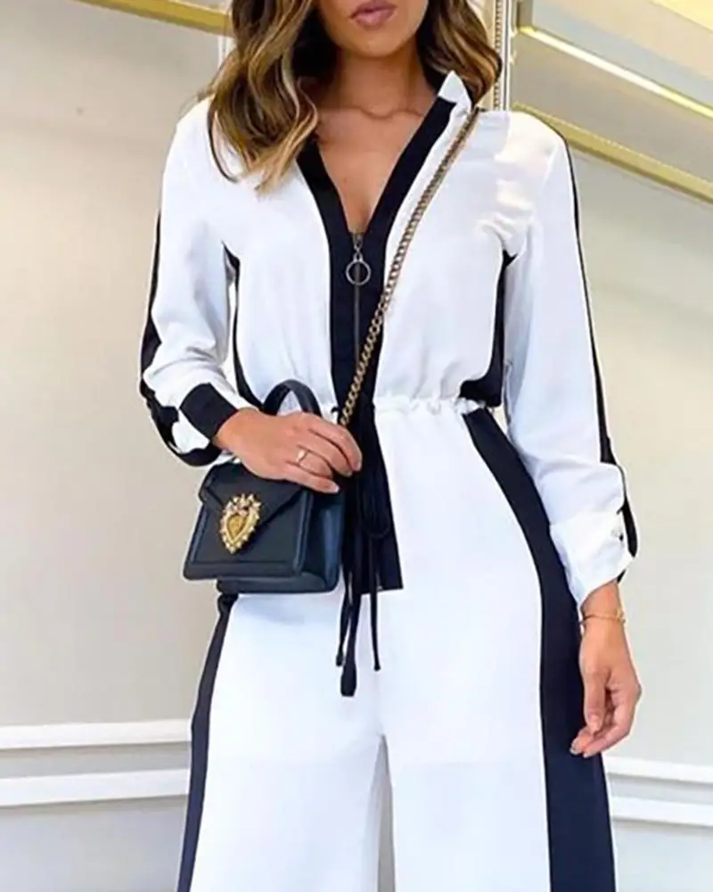 

2021 Spring And Summer Fashion Leisure Sports Waist Jumpsuit Women's Splicing Long Sleeve V-Neck