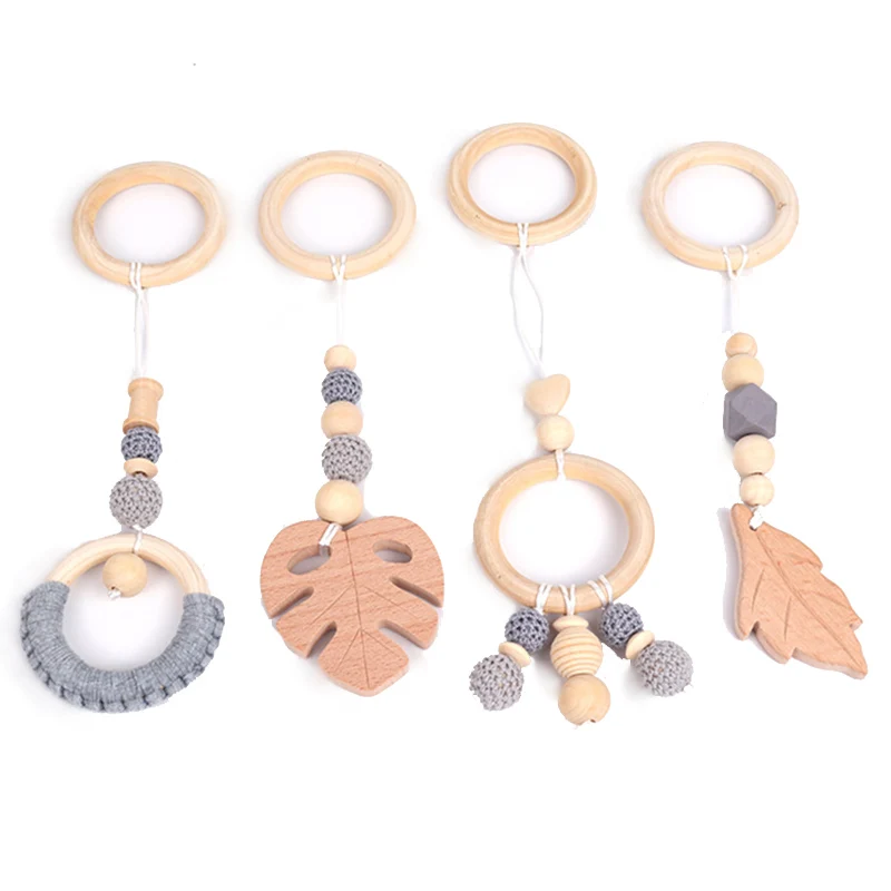 

4pcs/Set Wooden Teether Baby Wood Toys Teething Ring Toys Wooden Toy For Toddlers Teething Ring Baby Toys Necklace Accessories