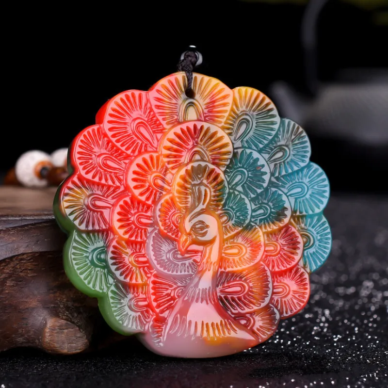 

Xinjiang Gobi Colorful Jade Floating Peacock Open Screen Pendant Men's and Women's Money Sweater Chain Pendant