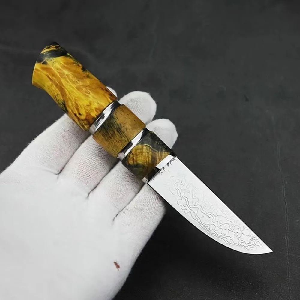 Дамасская сталь Открытый тактика прямой нож Желтый hilt край охотничий