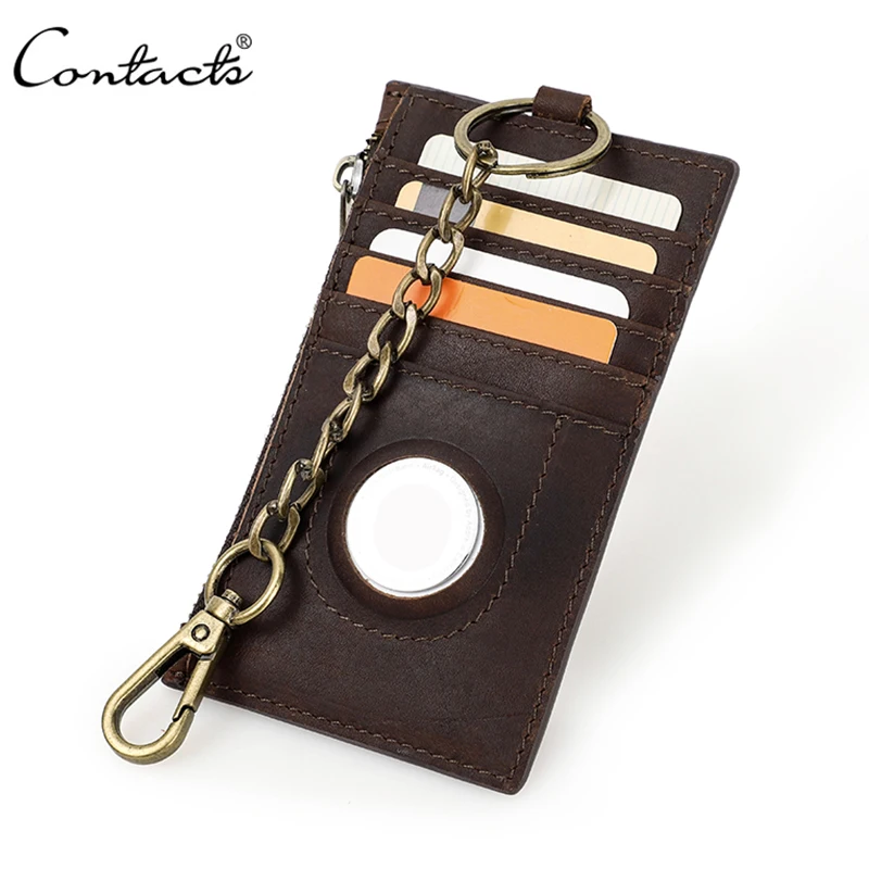 CONTACT'S Genuine Leather Men Card Holder Wallet Keychain RFID Mini Anti-lost Air Tag Cover Coin Pocket Potable Slim Card Case