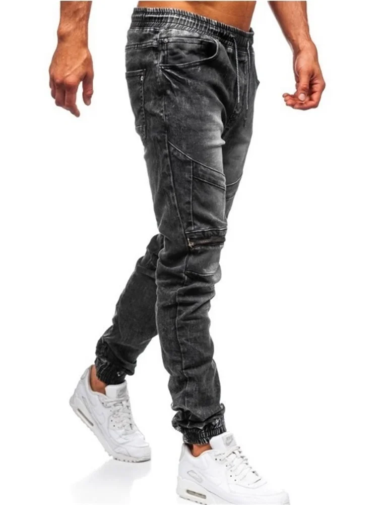 EH·MD® Men's Harem  Jeans Drawstring Sweatpants Dark Blue Large Size Highly Elastic Slim Loose Fashion Splicing Drawstring Pants