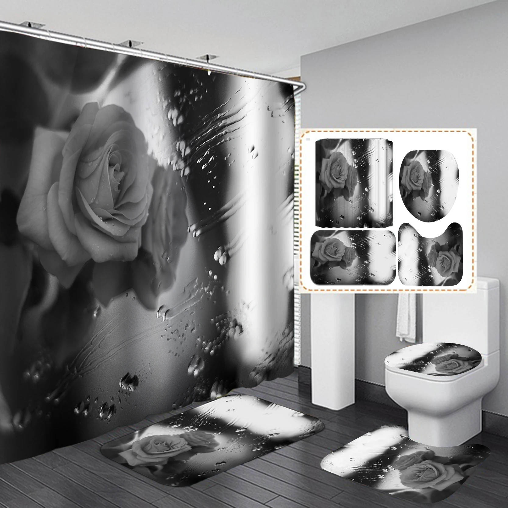 Black and White Rose Flower Waterproof Shower Curtain Beautiful Flowers Bathroom Curtains Set Toilet Cover Non-Slip Bath Mat | Дом и сад