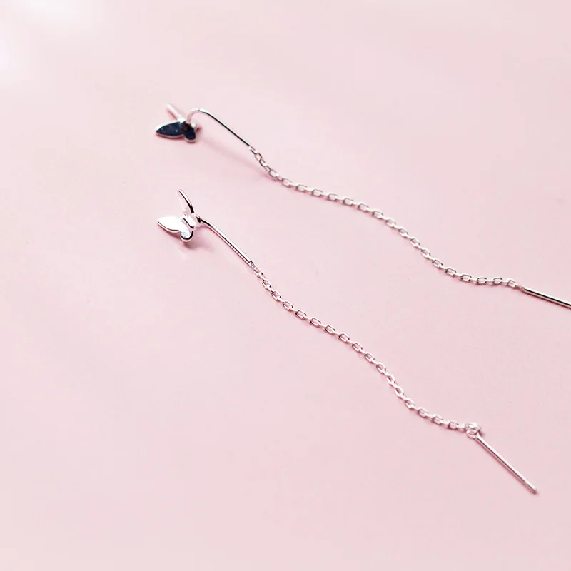 

Real 925 Sterling Silver Butterfly Pull Through Threader Earrings Simple Drop Earrings for Women