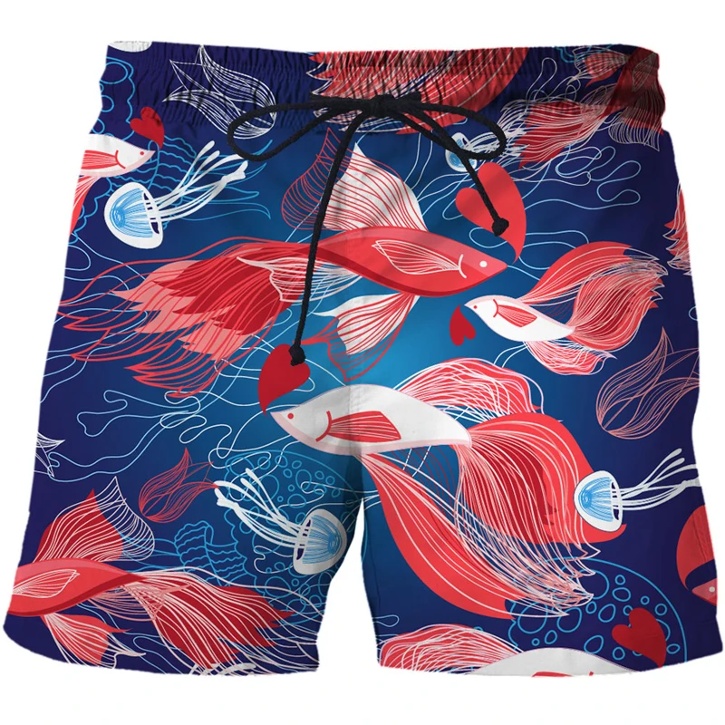 Abstract pattern Print Shorts Men Fish picture Shorts Casual Loose Drawstring Beach Short Pant For Male Summer swim shorts men