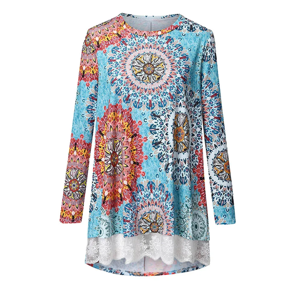 Длинный топ женская элегантная винтажная Кружевная футболка с цветочным принтом