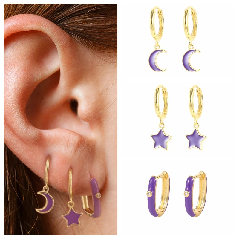 

BOAKO 925 Sterling Silver Hoop Earrings For Women 2021 Star Moon Enamel Loop Earring Pendientes Brincos Jewelry Aretes Wholesale