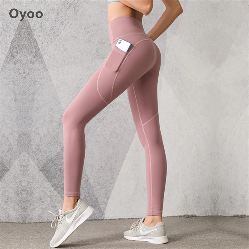 

Фиолетовые штаны Oyoo для йоги с карманом, спортивные узкие Женские легинсы с высокой талией, спортивные штаны для занятий спортом, бега