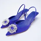 Женские босоножки на шпильке, синие однобортные туфли с острым носком, на высоком каблуке-шпильке со стразами, лето 2021