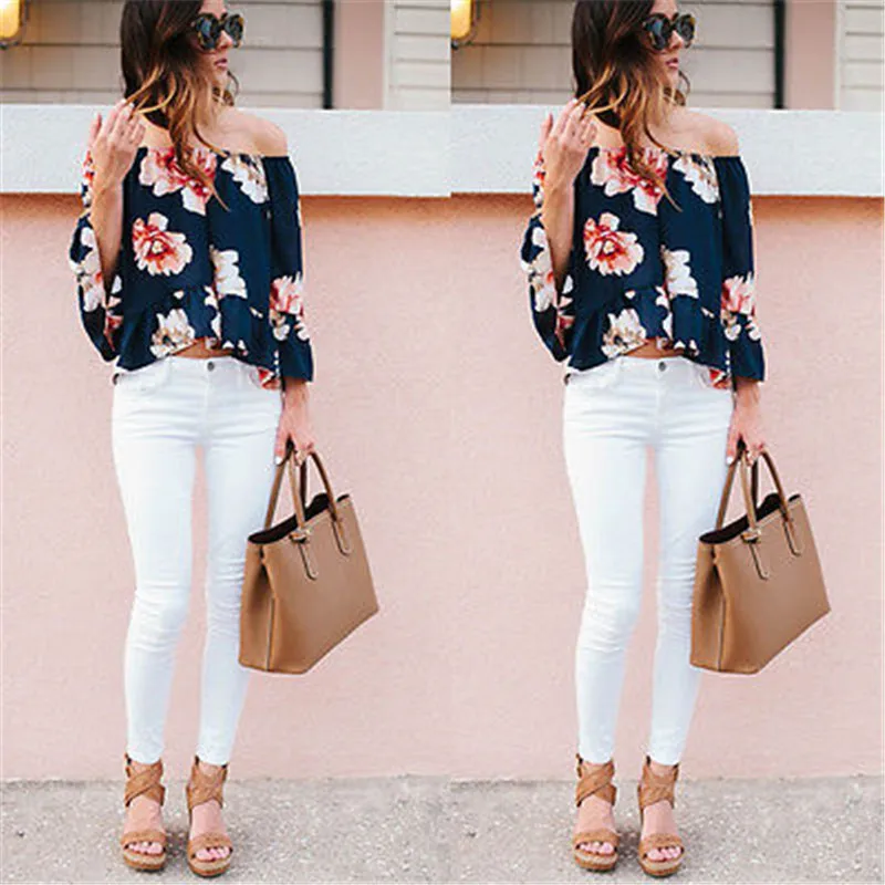 Шифоновая Блузка с цветочным принтом женские топы шлейки открытыми плечами