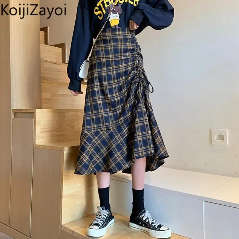 

Koijizayoi Women Retro Plaid Long Skirt Spring Autumn Ruffles A-line Skirt High Waist Drawstring Pleated Skirt Mujer Faldas 2022