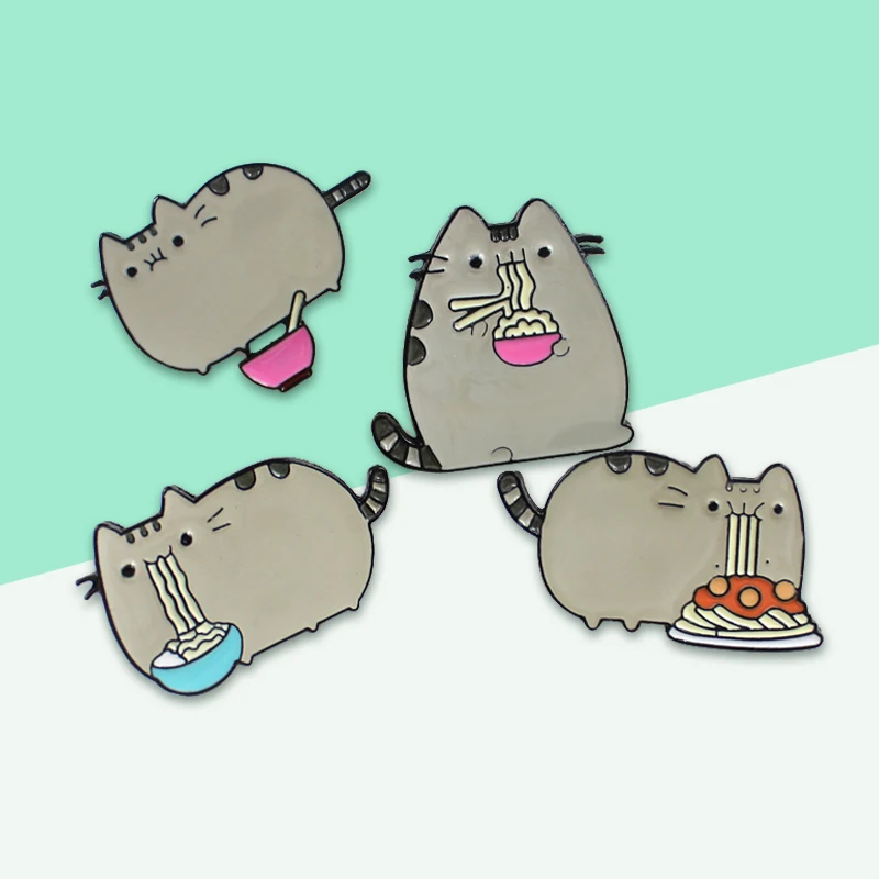

4 Styles Animation Kawaii Hungry Gray Greedy Fat Cat Eating Spaghetti Noodles Jeans Hat Bag Shoes Emblem For Pet lovers Kids