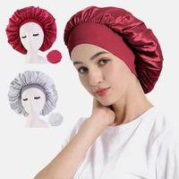 fashion bonnet big size head cover beauty solid color satin silk bonnet for women sleep night cap elastic wide band cap headwrap