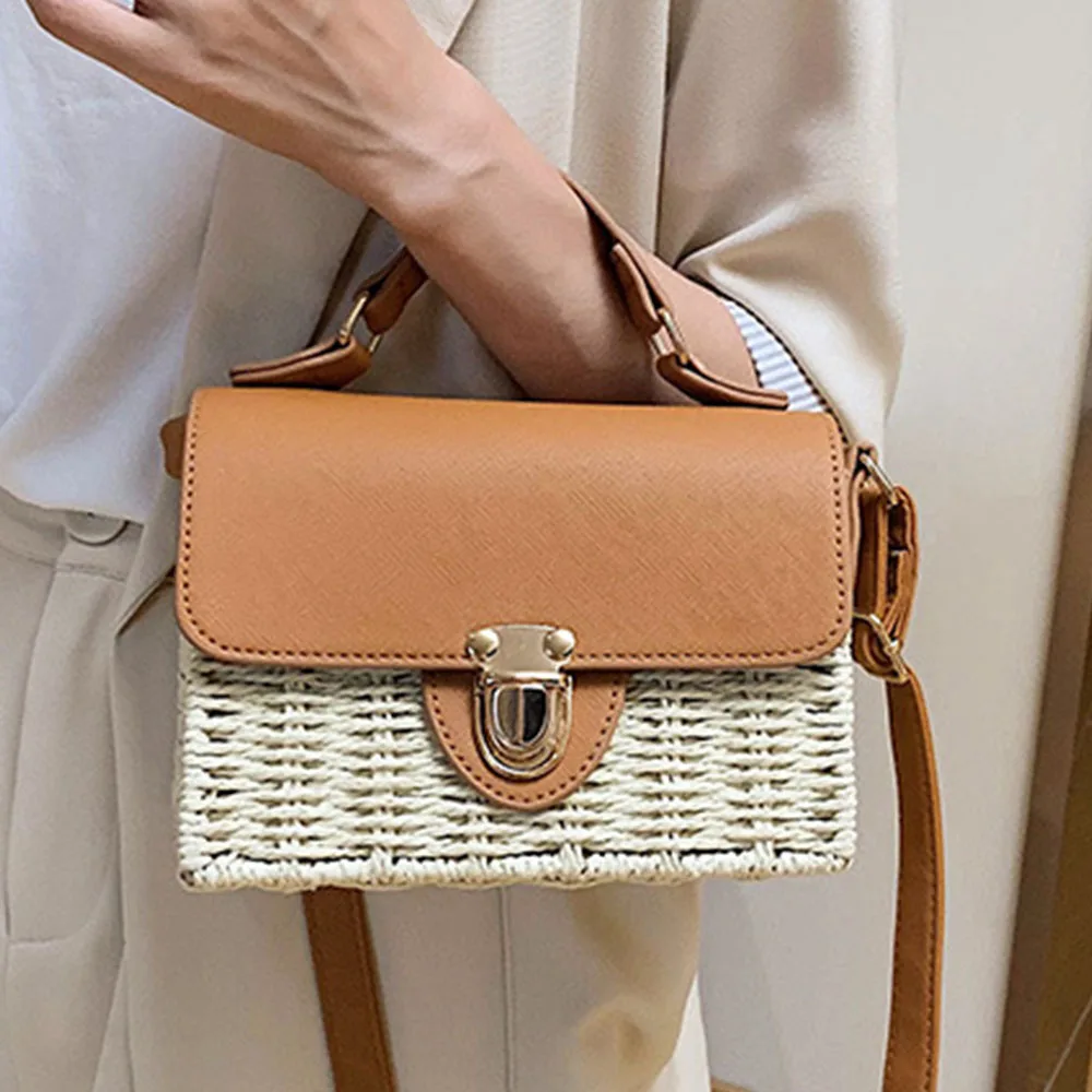 

Fashion Lock Woven Rattan Bag Women Handbag Design Wicker Shoulder Crossbody Bags for Women 2021 Straw Bag Rattan Splicing Bags