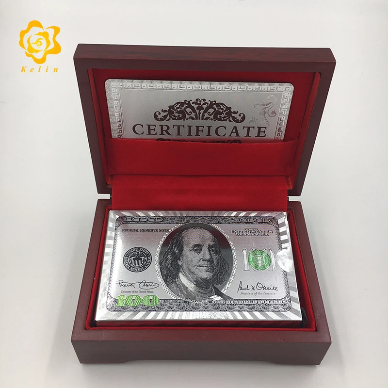 Прочный PET материал золото или серебро 100 USD банкноты спроектированные игральные карты с деревянной коробкой для игры в азартные игры и детские подарки