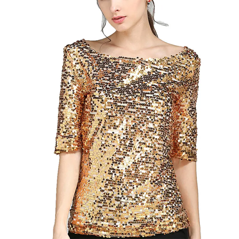 5XL Женская Блестящая футболка с блестками топы Летние черные и Серебристые