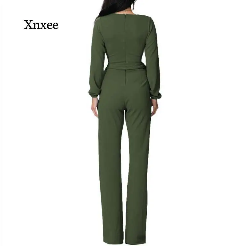 

New Spring Summer Long-Sleeved Jumpsuits Women's European High Waist Fashion V-Neck Slim Tie Nine Pants Suit Jumpsuit Women