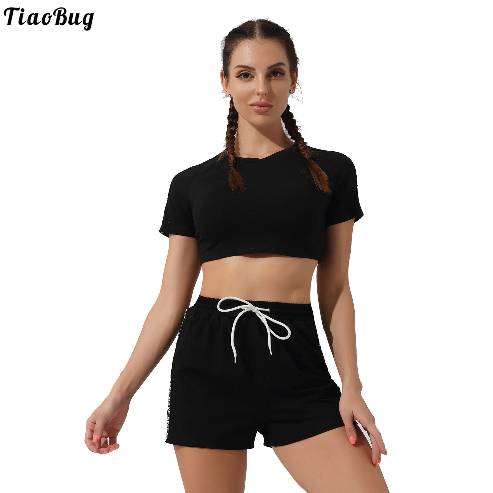 

TiaoBug 2Pcs Women Summer Sport Suit Round Neck Short Sleeves Letters Print Cropped T-Shirt And Shorts Set For Running Gym Yoga