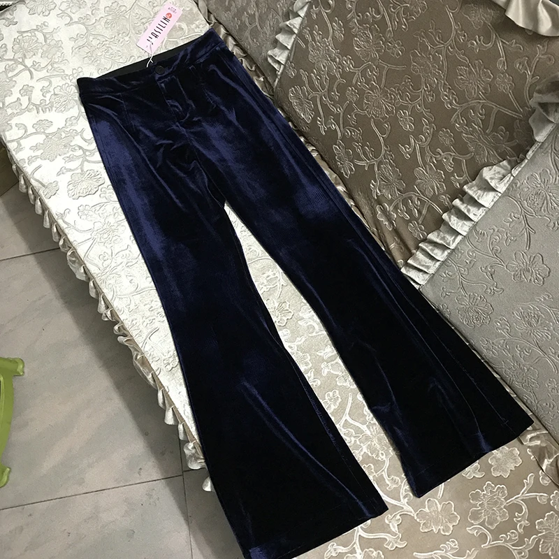 Женские бархатные брюки на молнии однотонные золотого цвета с высокой талией и