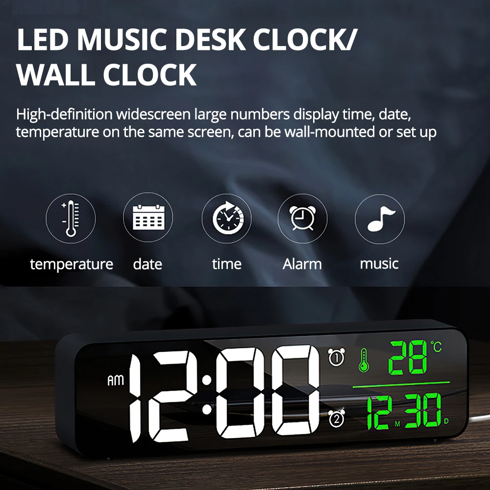 

HD LED Display Screen Alarm Clock 40muisc for Bedroom Desk Alarm Digital Electrical Clock Temperature Display Mirror Best Seller