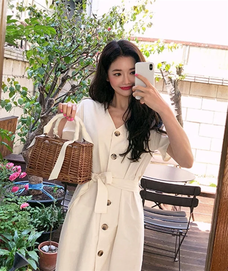 

GOOHOJIO New Summer Women Dresses Vintage High Waist V-Neck Casual Single Breasted Lace Up Bow Puff Sleeve Trumpet Long Dresses