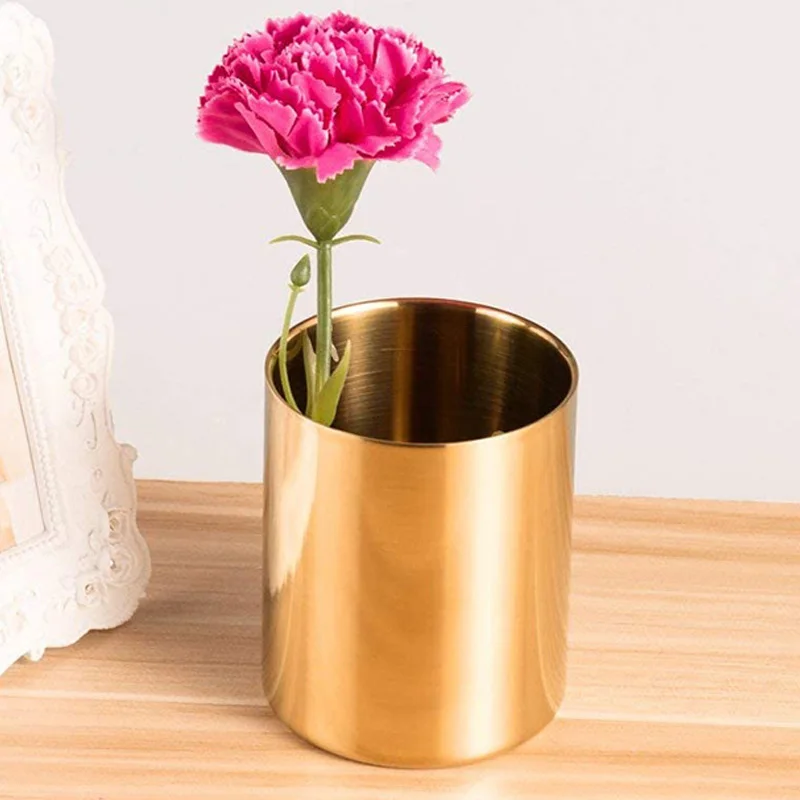 

2-Piece Pencil Cup Holder Pen Pot Makeup Brushes Holder Desk Stationery Organizer Stainless Steel (Gold)