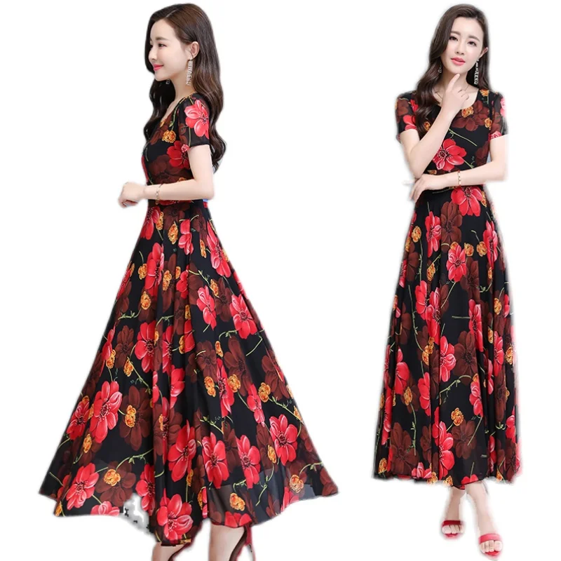 

Chiffon Floral Dress for Women 2021 New Summer Short Sleeve O-Neck Slim Temperament Long Dresses Female Plus Size Party Vestidos