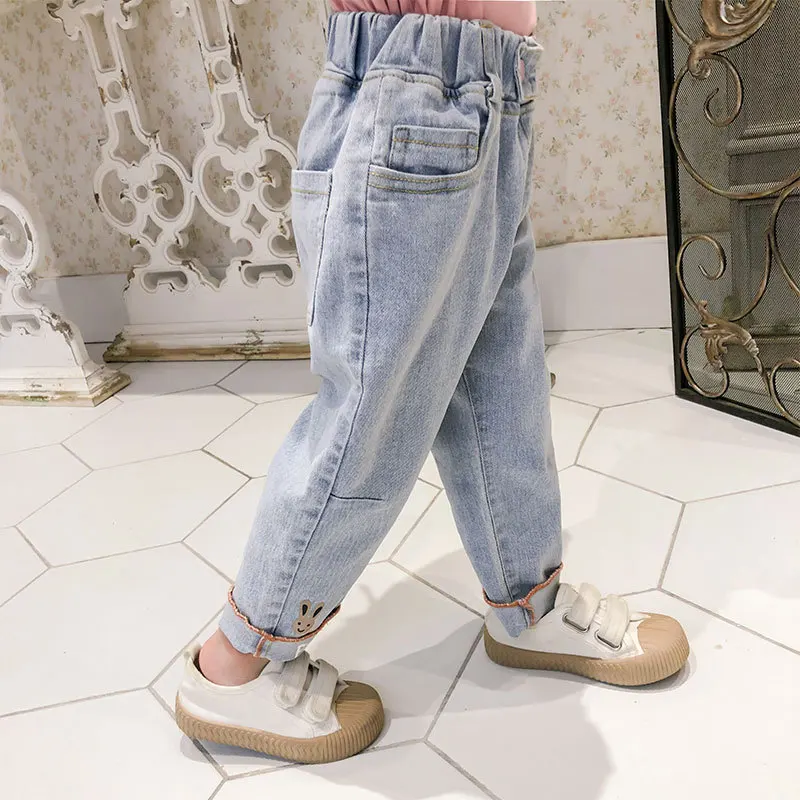 

Jeans 2021 spring and autumn new children's pink buckle girl's foot mouth rabbit casual trousers
