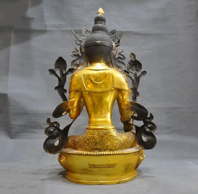 

wedding decoration 17"Tibet Buddhism Bronze Gilt green Tara Kwan-yin Guanyin goddess Buddha statue