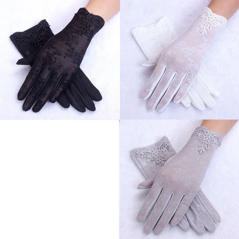 Black Gray White Женские уличные летние УФ-защитные перчатки для вождения перчатки кружевные перчатки женские сексуальные кружевные перчатки тонкие анти-солнце femme уличные перчатки - Цвет: Black Gray White