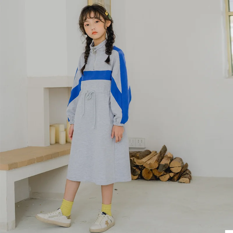 Big Girls Dress Autumn New 2019 Teens Children Casual Color block Long Sleeve Toddler Sweatshirt Vestidos Leisure | Детская одежда и