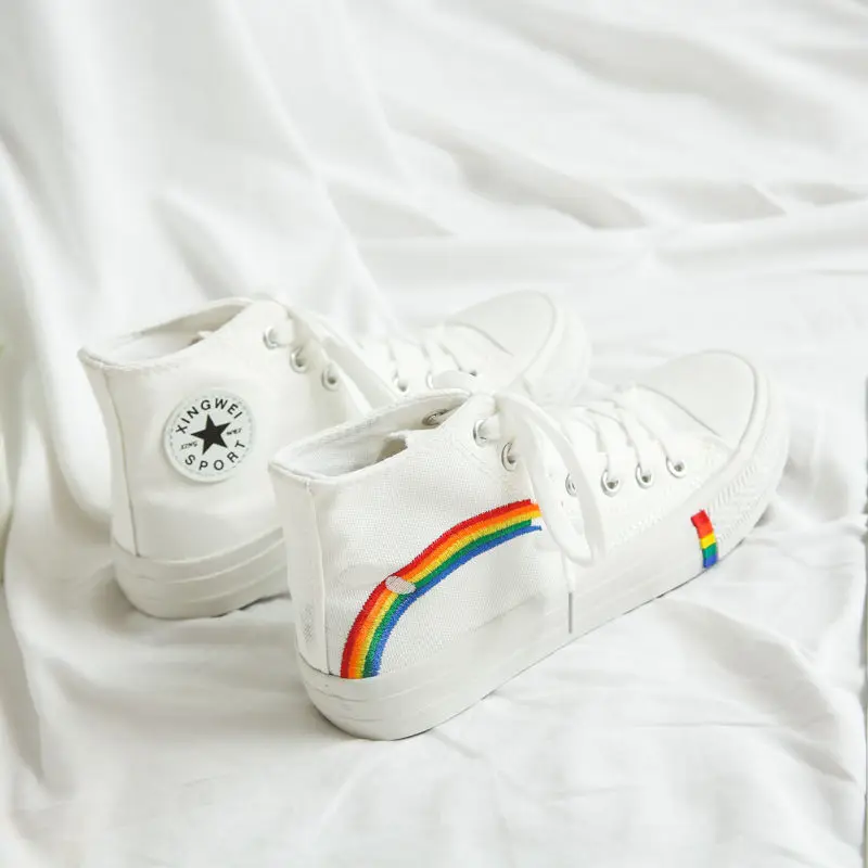 Женские холщовые кроссовки Rainbow с высоким верхом уличные сникерсы в Корейском
