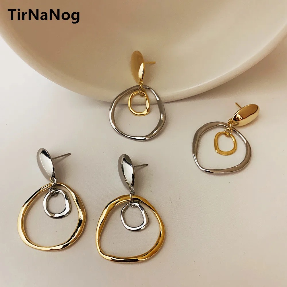 

2021 New Trendy Retro Gold Silver Color Contrast Metal Geometric Stitching Round Stud Earrings for Women Girls Jewelry