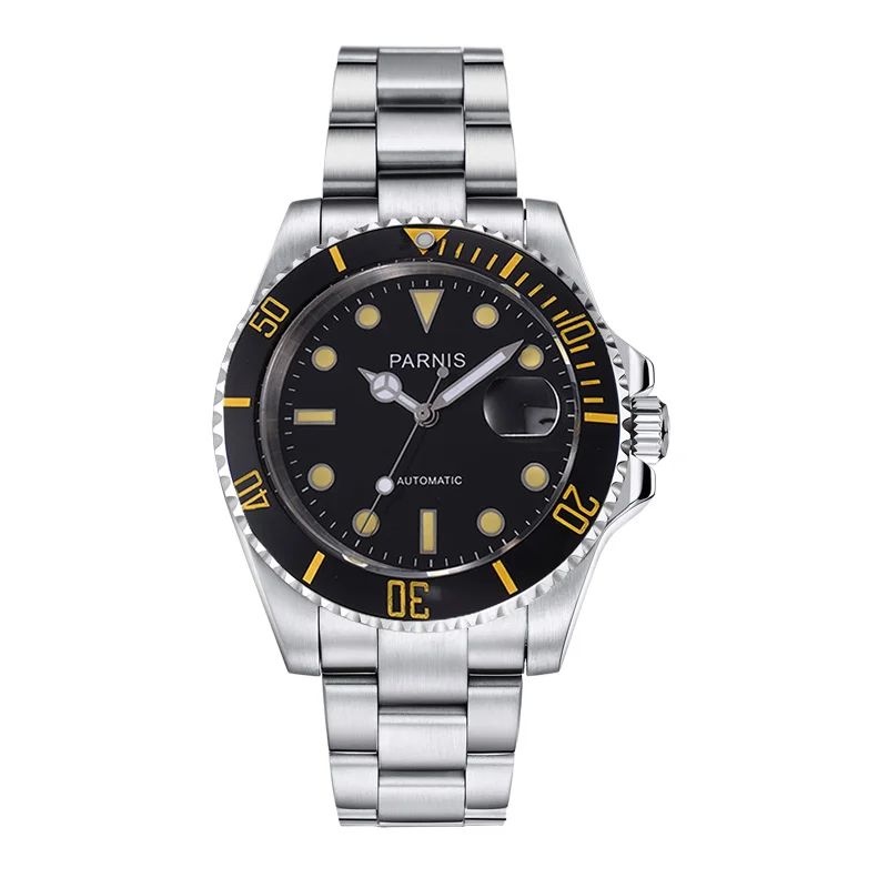 black yellow steel Parnis 40 мм, Мужские автоматические механические часы, керамические, для дайвинга, 100 м, нержавеющая сталь, автоматические, для мужчин, t, Relogio Masculino - Color: black yellow steel