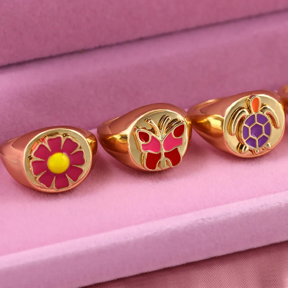 

2021 Korean Creative Daisy Tulip Four Leaf Clover Ring For Women Cute Pink Butterfly Turtle Rings On Finger Couple Jewelry Gift