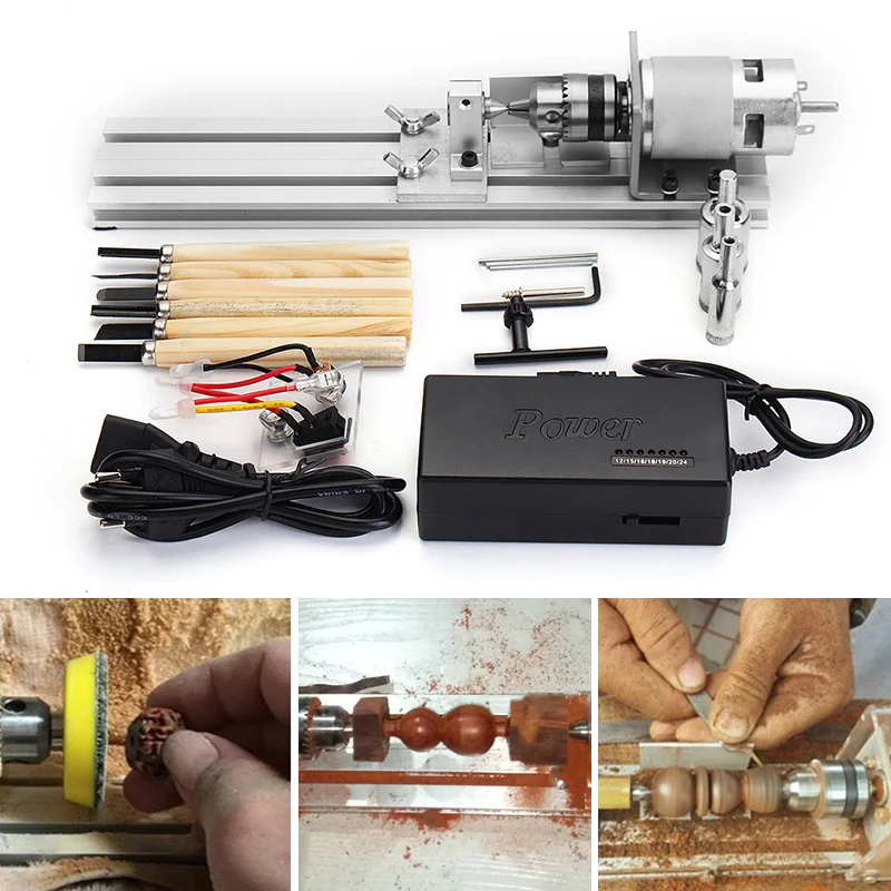 

80W Mini Lathe Beads Machine DC 24V Woodworking DIY Lathe Standard Set Power Carving Polishing Cutting Rotary Tool Wood Lathe