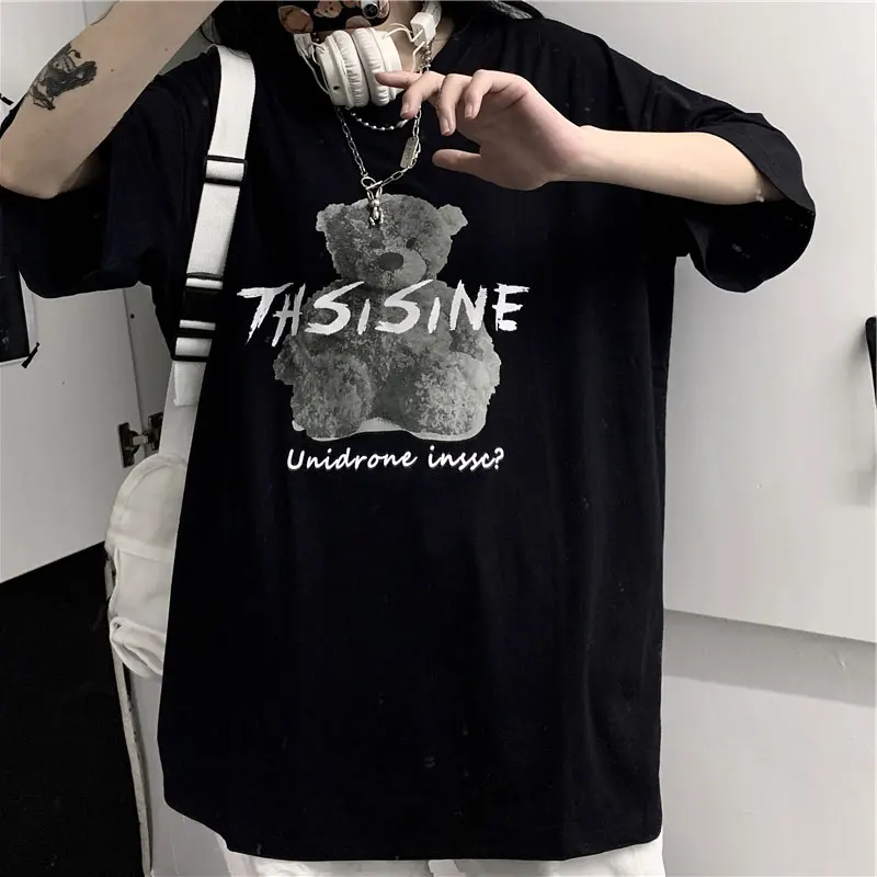 

2021 New Short Sleeve Women's Spring and Summer Korean Style Ins Style Retro Bear Printed Half Sleeve Top Loose Black T-shirt