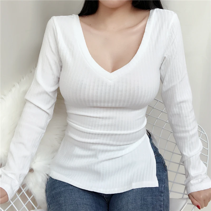 Новая весенняя Сексуальная футболка Женская эластичная в Корейском стиле