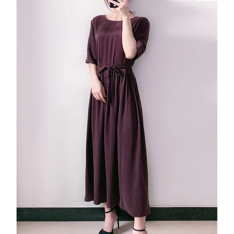

26mm silk satin sand wash soft dress round neck short sleeve loose body silk skirt waist tie