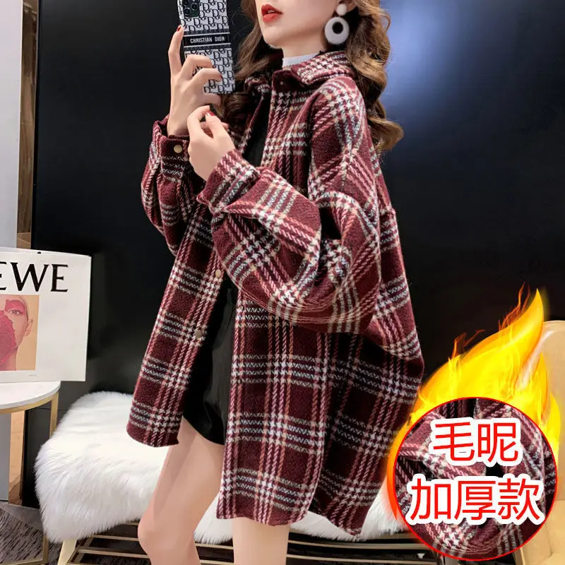 

2021 Autumn/winter Casual Woolen Plaid Shirt Women's Loose Plus Size Thick Top Long Sleeve Blouse Korean Fashion Button Up Shirt