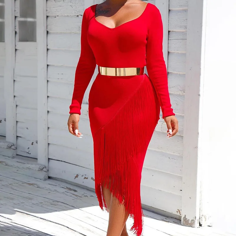 

2019 Women Solid Color Sexy Off Shoulder Long Sleeve Bodycon Dresses Spring Autumn Elegant tassel Club Party Midi Dress