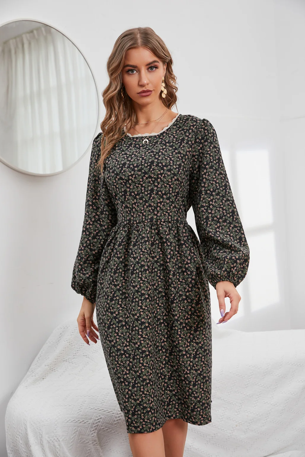 

Женское платье-трапеция с принтом, облегающее длинное платье с круглым вырезом и длинным рукавом, весна-осень