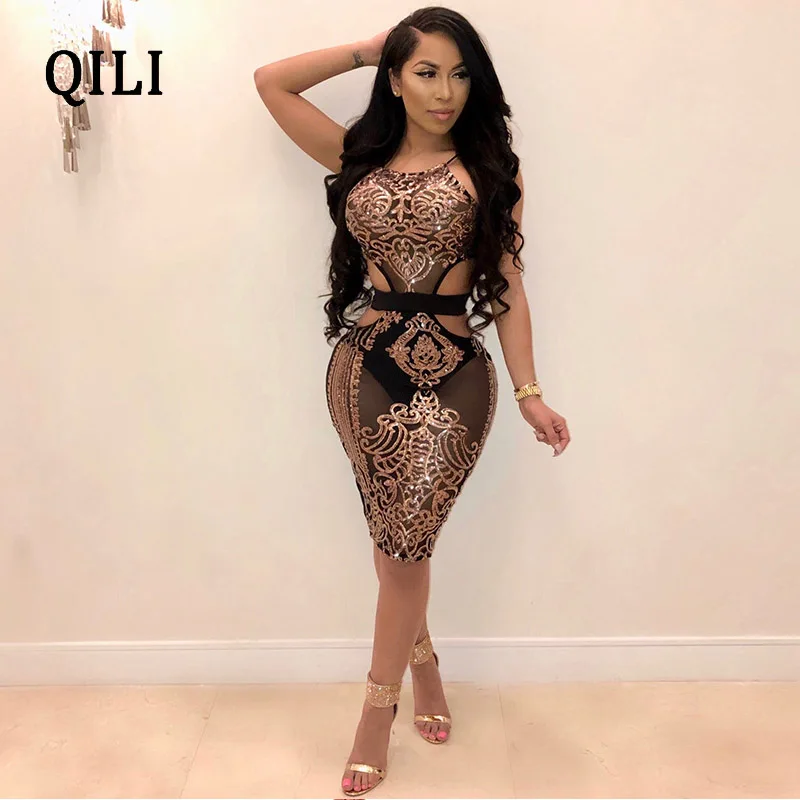 QILI туфли украшенные пайетками летнее платье сексуальное с открытыми плечами