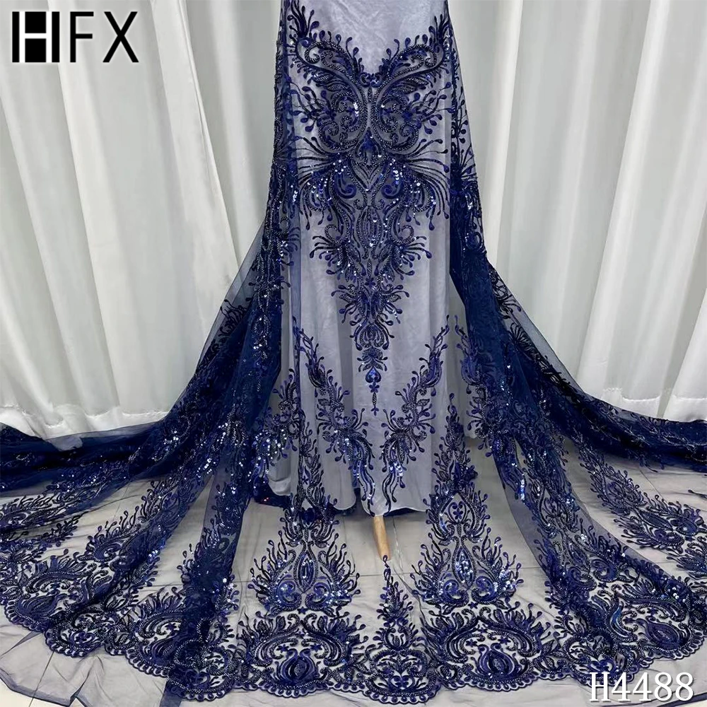 

HFX 2021 New Arrival African Sequin Fabric French Net Lace Nigerian Embroidered Beaded Tulle Lace Fabrics For Party Dress F4488