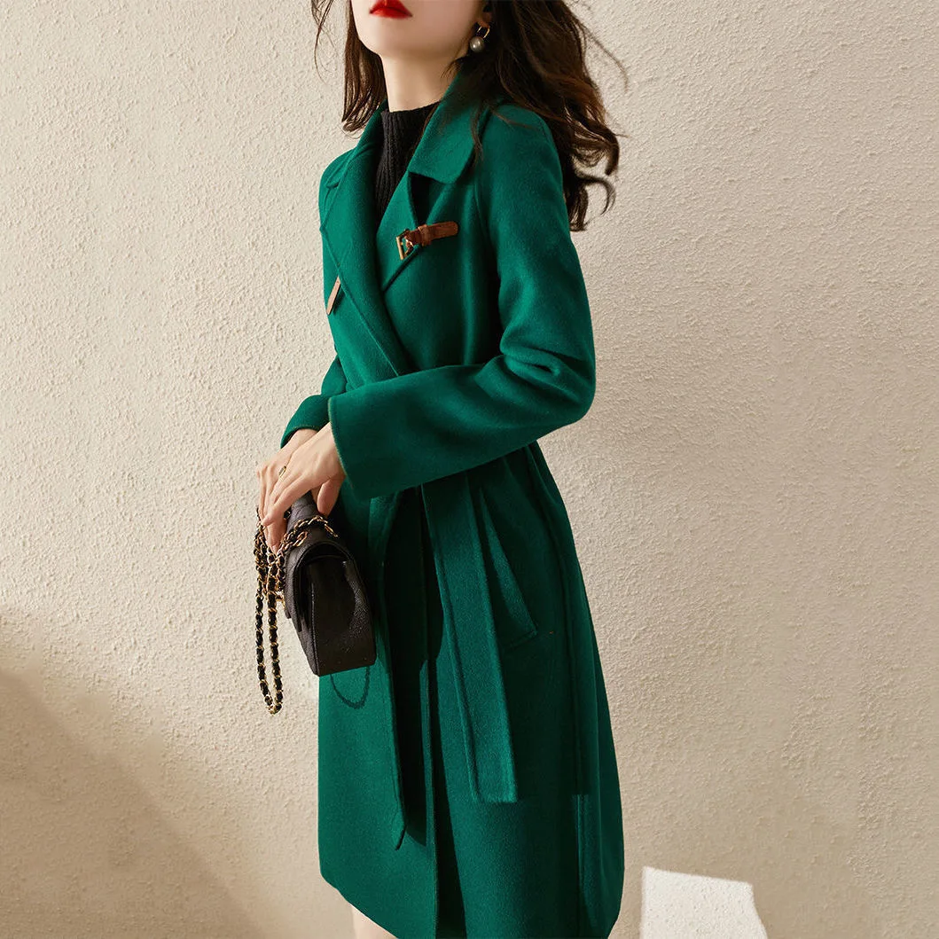 

Women Elegant Retro Wool Coat with Belt 2020 Winter Warm Overcoat Outwear Plus Size Female Korean High Quality Green Blends Coat