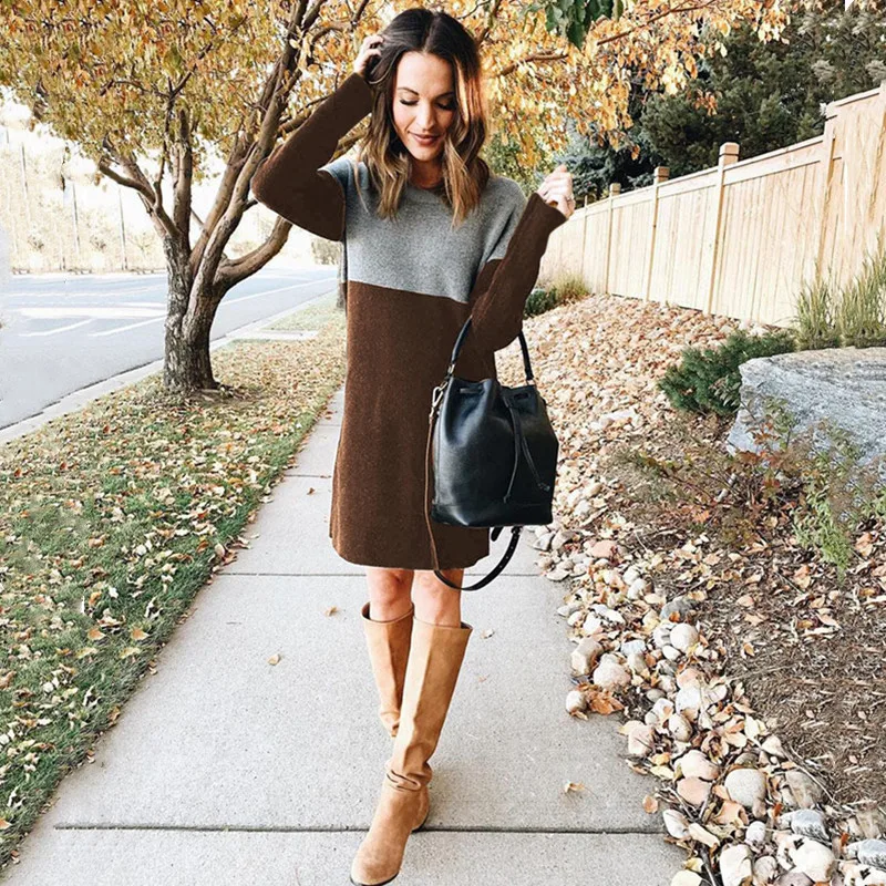 2021 Autumn And Winter Womens Sweater Dresses New Stitching Loose Large Size Round Neck Long Sleeve Woman Dress Vestido De Mujer | Женская