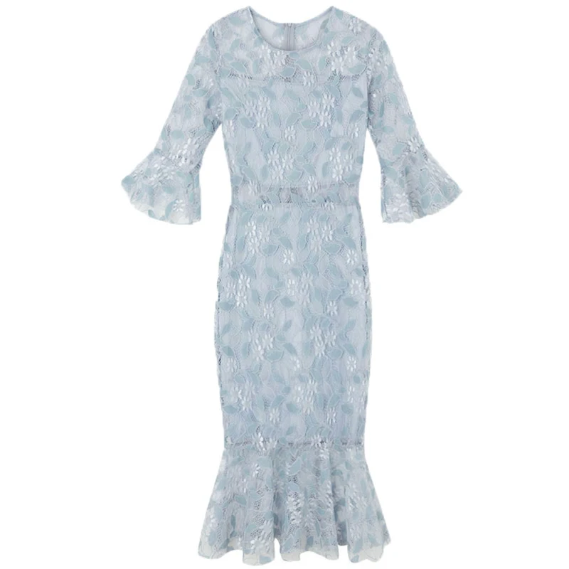 Кружевные платья 2019 новые женские летние синий выдалбливают тонкий сексуальный
