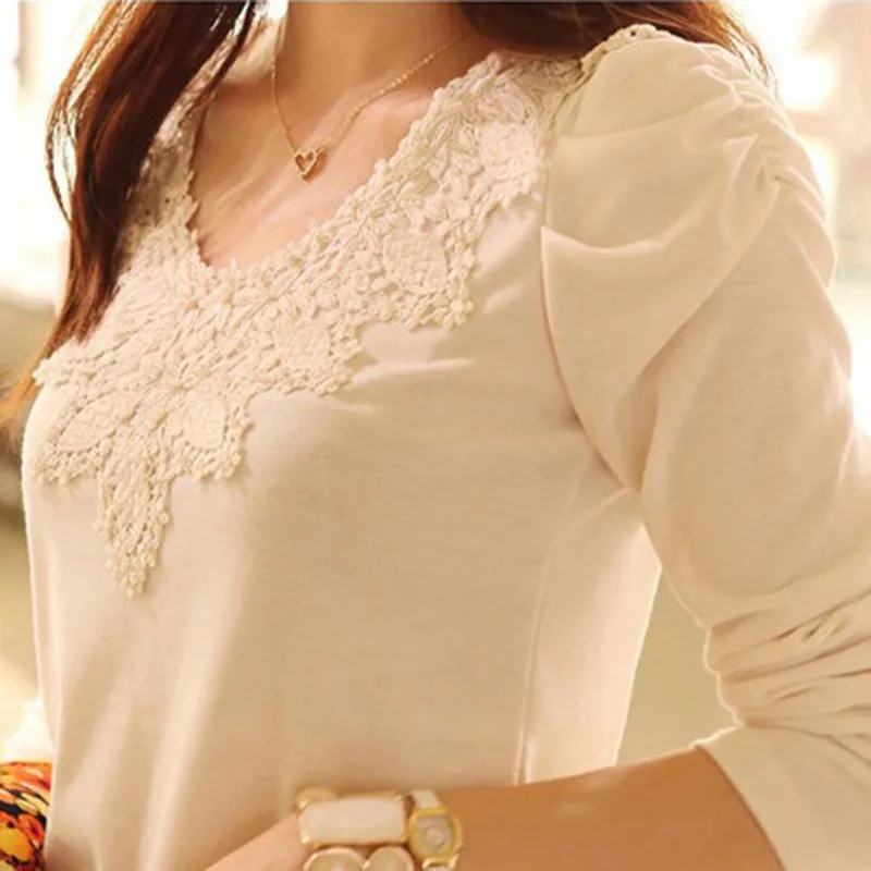 

White Elegant Shirt Lace Women Blouses Long Sleeve Lace Bottoming Top O-Neck Slim Blusa Cotton Summer Women Tops Plus Size Shirt